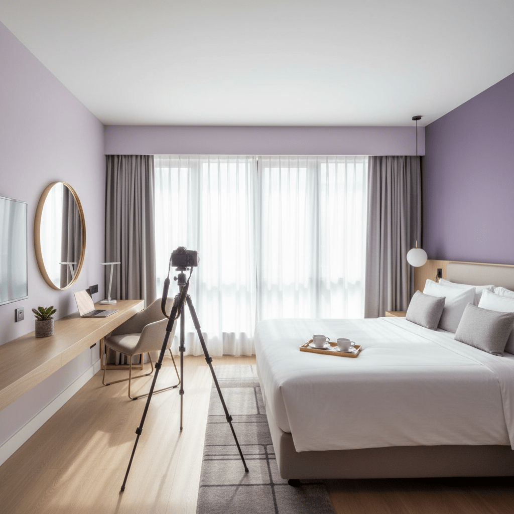 Hotel photographer staging a bright guest room with natural light
