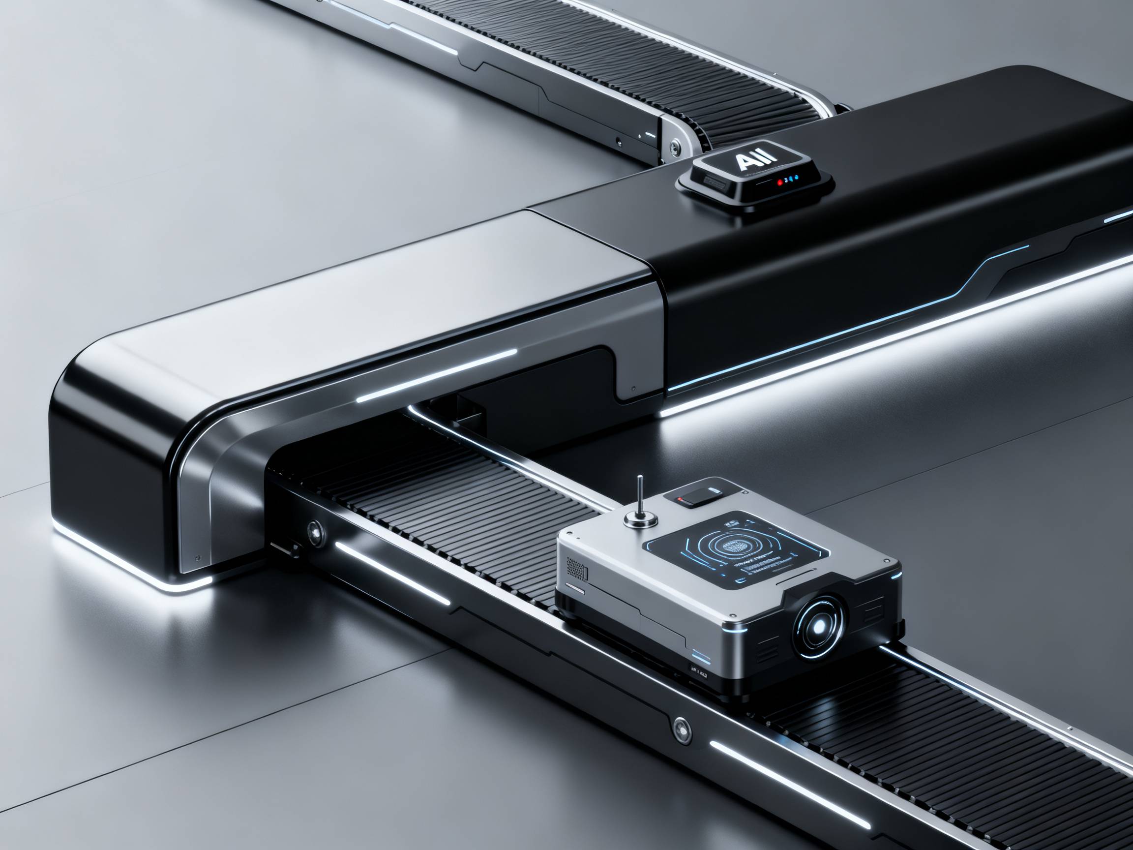 Futuristic conveyor system with AI and modular design.
