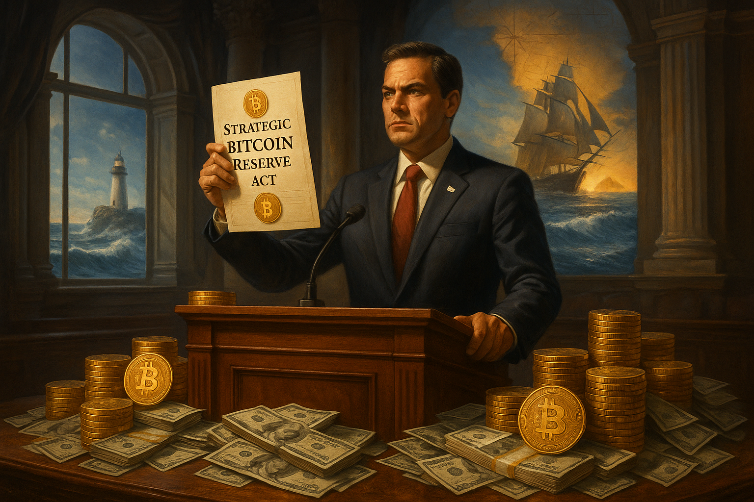 Illustration of Bitcoin integration into US financial policy, featuring a congressman presenting a bill for tax payments and national reserves