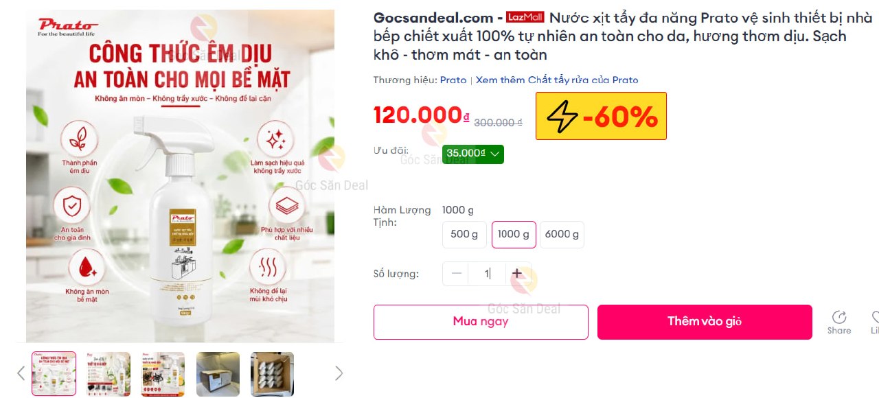 Nước xịt tẩy đa năng Prato vệ sinh thiết bị nhà bếp chiết xuất 100% tự nhiên an toàn cho da, hương thơm dịu. Sạch khô - thơm mát - an toàn