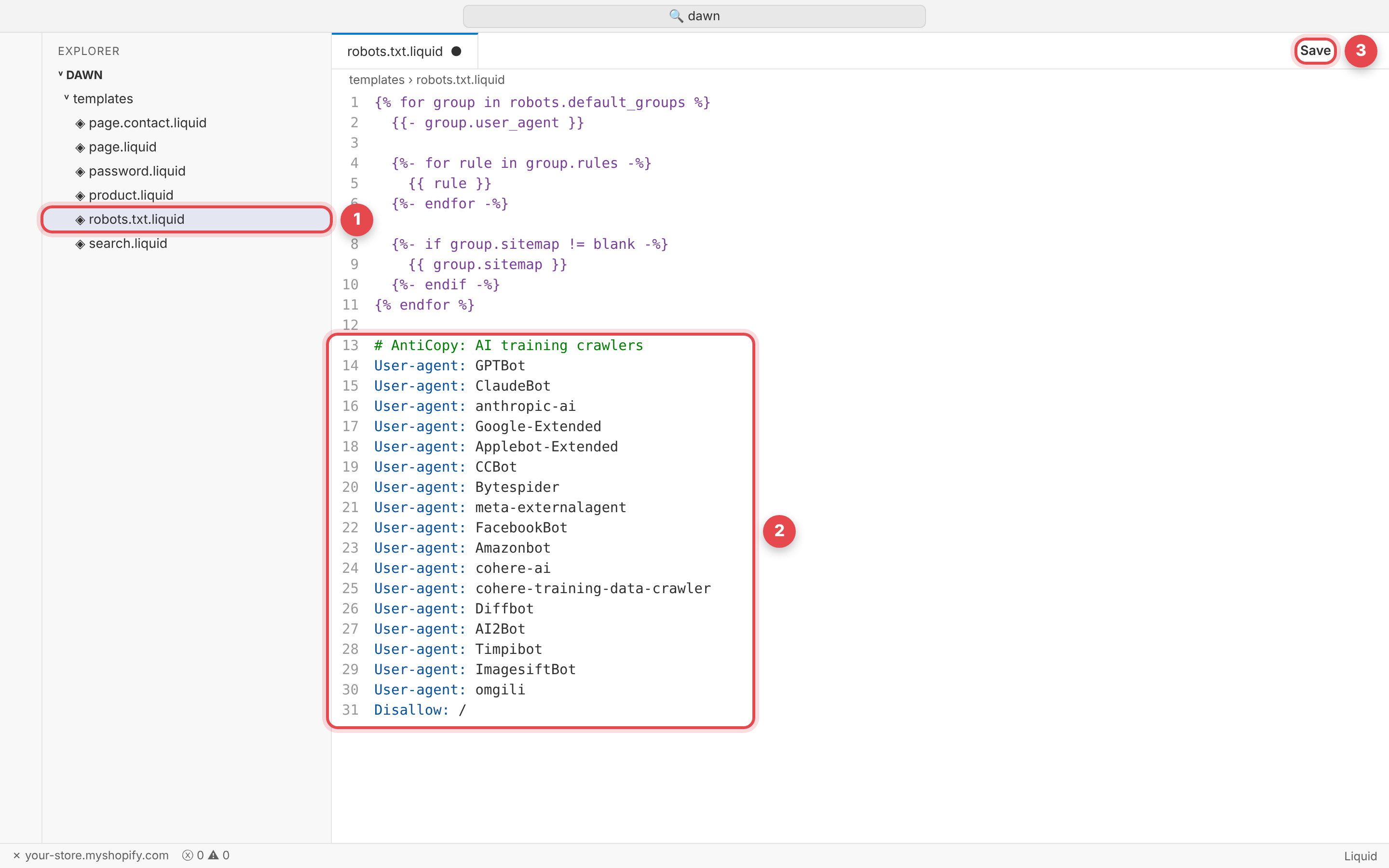 Shopify code editor with the robots.txt.liquid template and the AntiCopy AI crawler rules