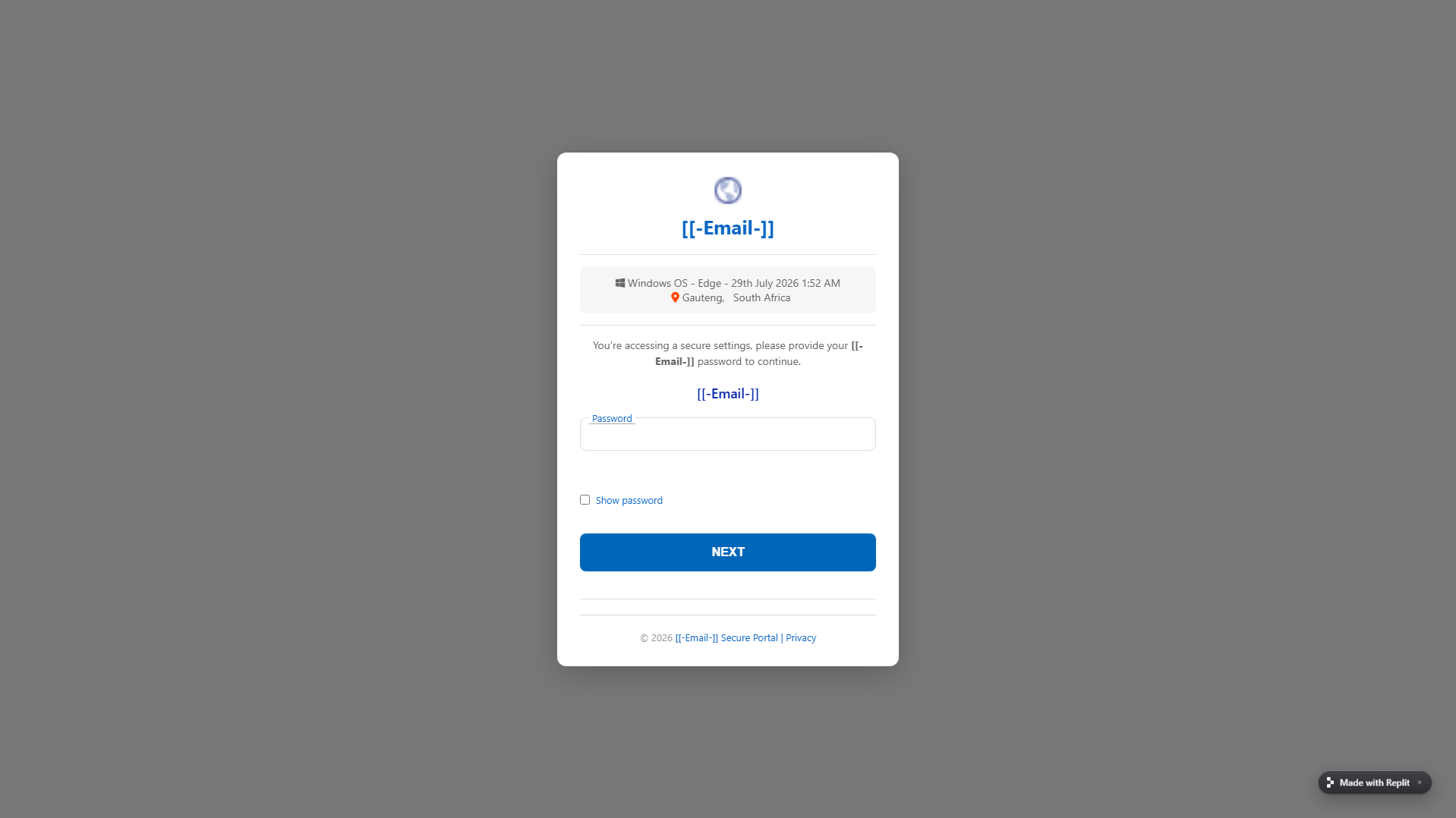 Forensic screenshot of security-page-builder--lynnsspins.replit.app showing the phishing page layout