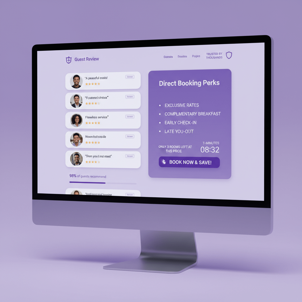 Guest review cards and direct-booking perks displayed in a hotel booking interface