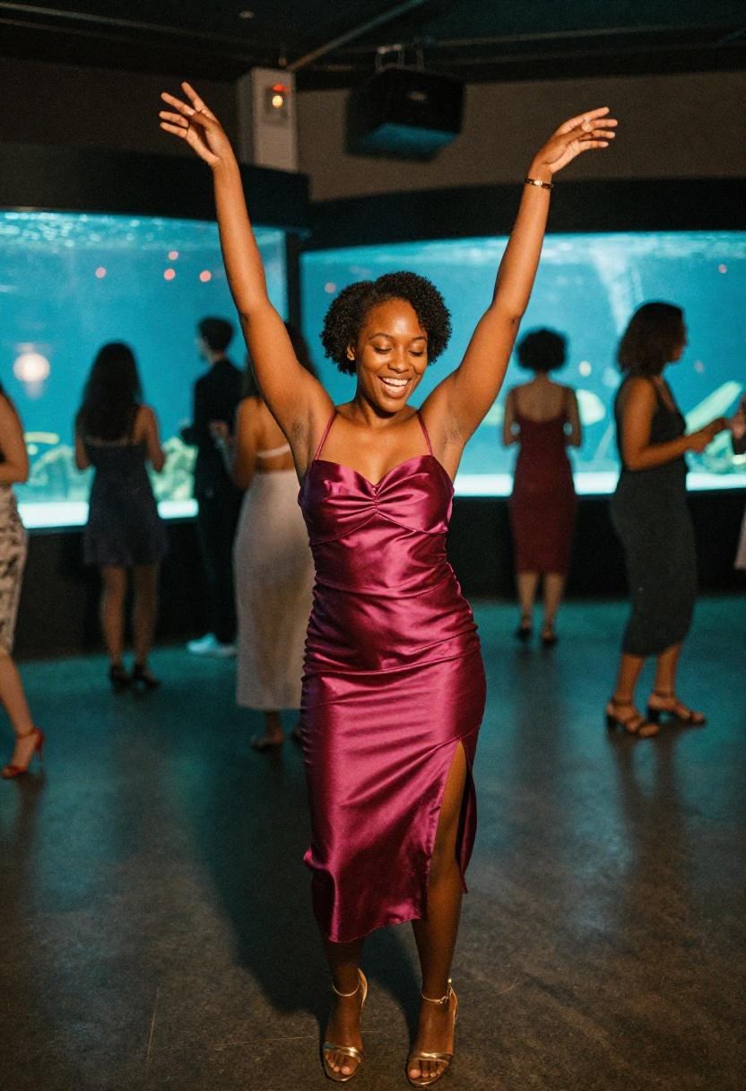 Bold magenta ruched midi dress and golden accessories radiating confidence under aquarium glowing lights