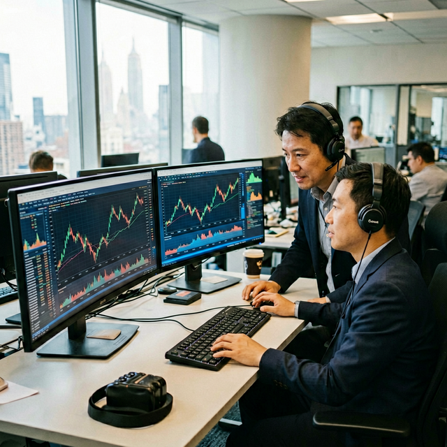 Cryptocurrency exchange office in New York, analysts monitoring price charts on multiple large screens, modern trading desk with keyboards a