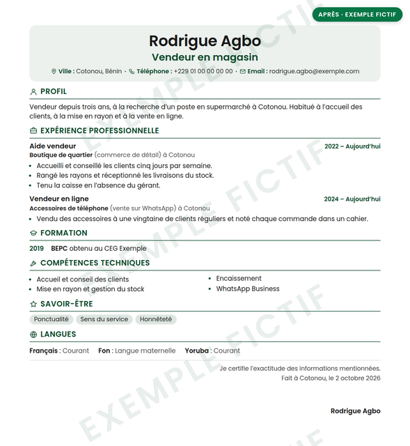 CV fictif d'un vendeur sans diplôme après correction, pour un poste en supermarché