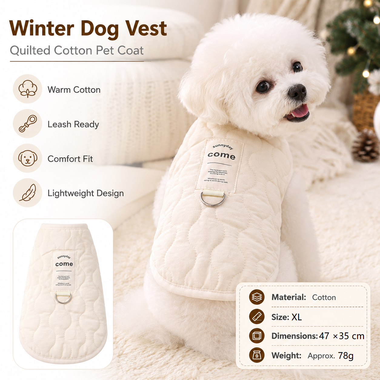 Beige XL Size 47x35cm Fleece-lined thickened dog vest - Cotton Fleece Lined Harness Compatible Winter Coat for Dogs Shed Control Outdoor Walks，Winter Pet Essentials