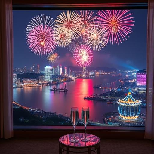 한강 불꽃축제가 한눈에 보이는 고급 호텔 객실 내부 전경