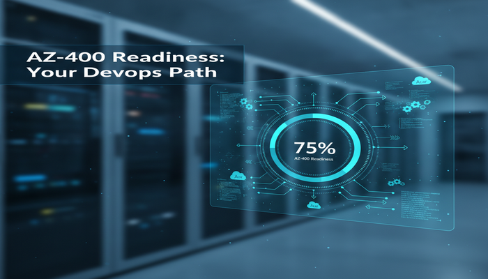 AZ-400 Readiness: Your DevOps Path A futuristic digital display showing a high AZ-400 exam readiness score, surrounded by abstract Azure DevOps pipeline and code symbols, representing a structured path to certification.