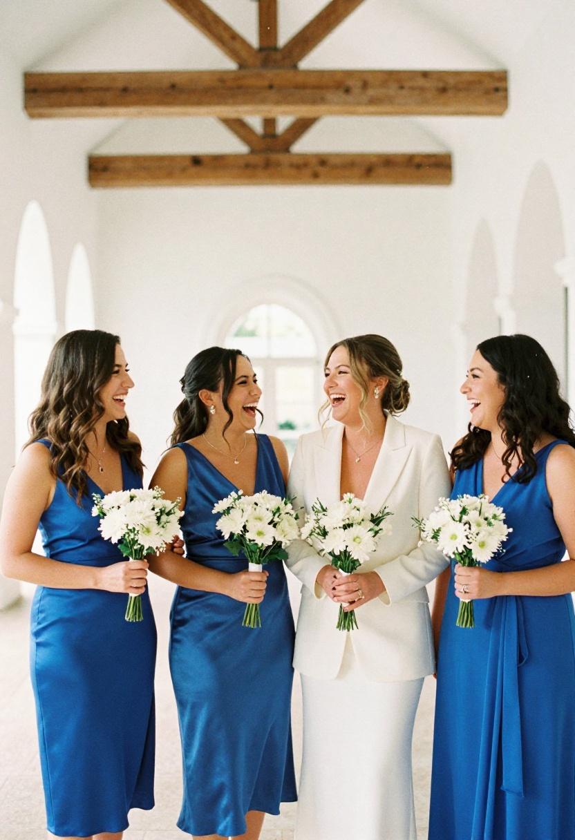 Group moment inside grand venue with city hall elopement party in bold blue bridal looks