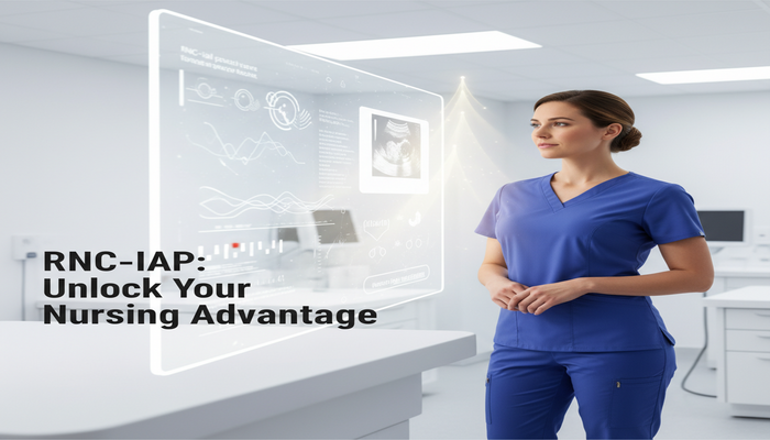 RNC-IAP: Unlock Your Nursing Advantage A focused female nurse in modern scrubs stands in a high-tech antepartum unit, thoughtfully looking at a transparent digital display showing healthy maternal-fetal vitals. Subtle light represents unlocked potential. The title 'RNC-IAP: Unlock Your Nursing Advantage' is clearly visible in the foreground.