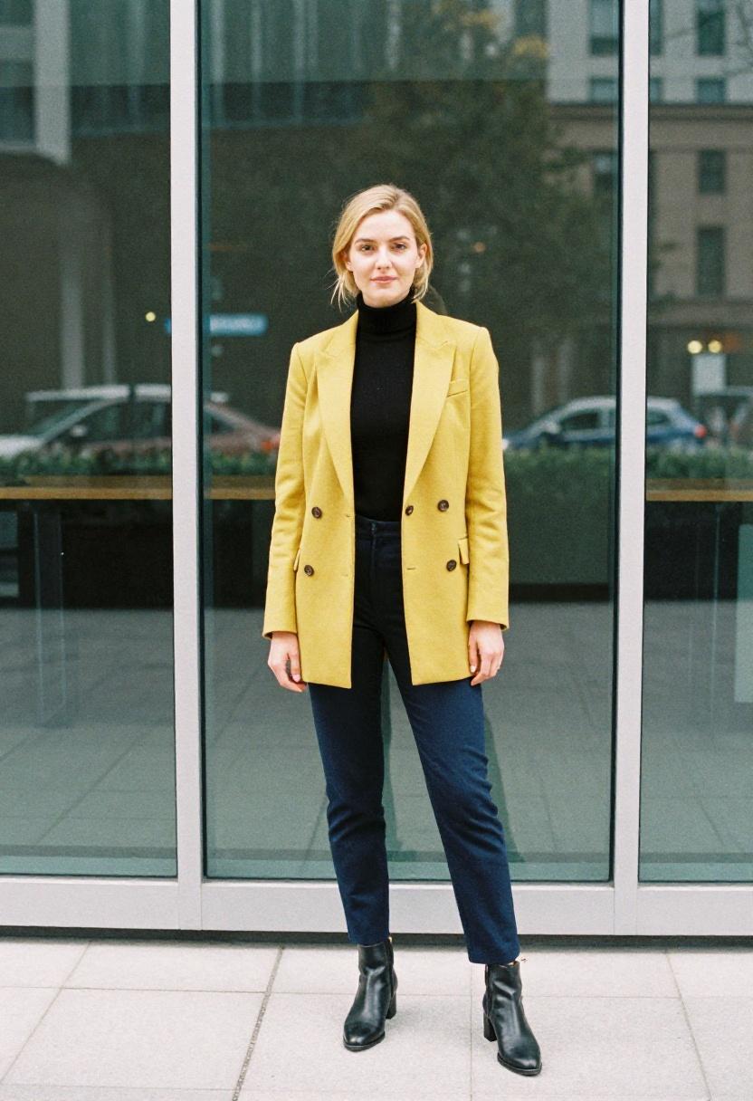 Mustard yellow longline blazer with navy trousers and leather ankle boots street-to-office look