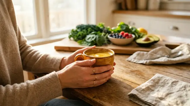 Hands cradling turmeric tea at sunlit table with fresh whole foods nearby, calm wellness mood