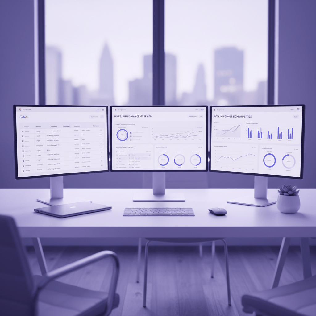 Hotel analytics workspace with GA4 dashboard, UTM tracking, booking conversion charts on screens