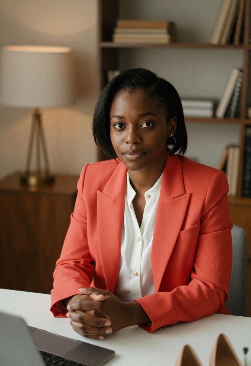 Coral red blazer with understated pumps in warmly lit home office