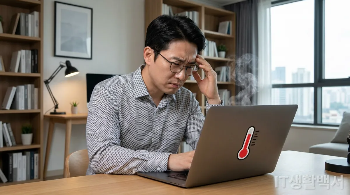 30대 한국인이 뜨거워진 노트북을 걱정스럽게 바라보는 모습, 현대적인 서재 배경