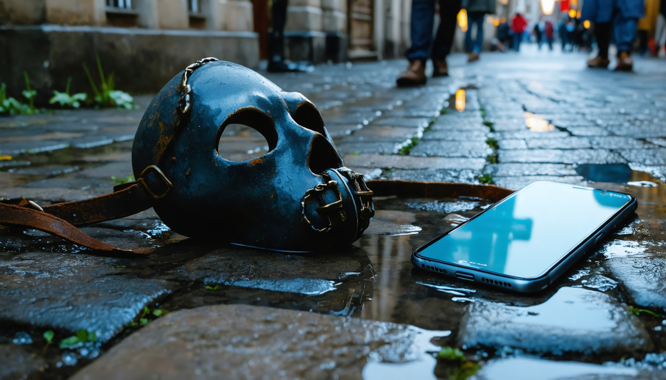 A dark iron gag lying abandoned on wet cobblestones in a public square at night, with the faint glow of a phone screen reflected in a nearby puddle.