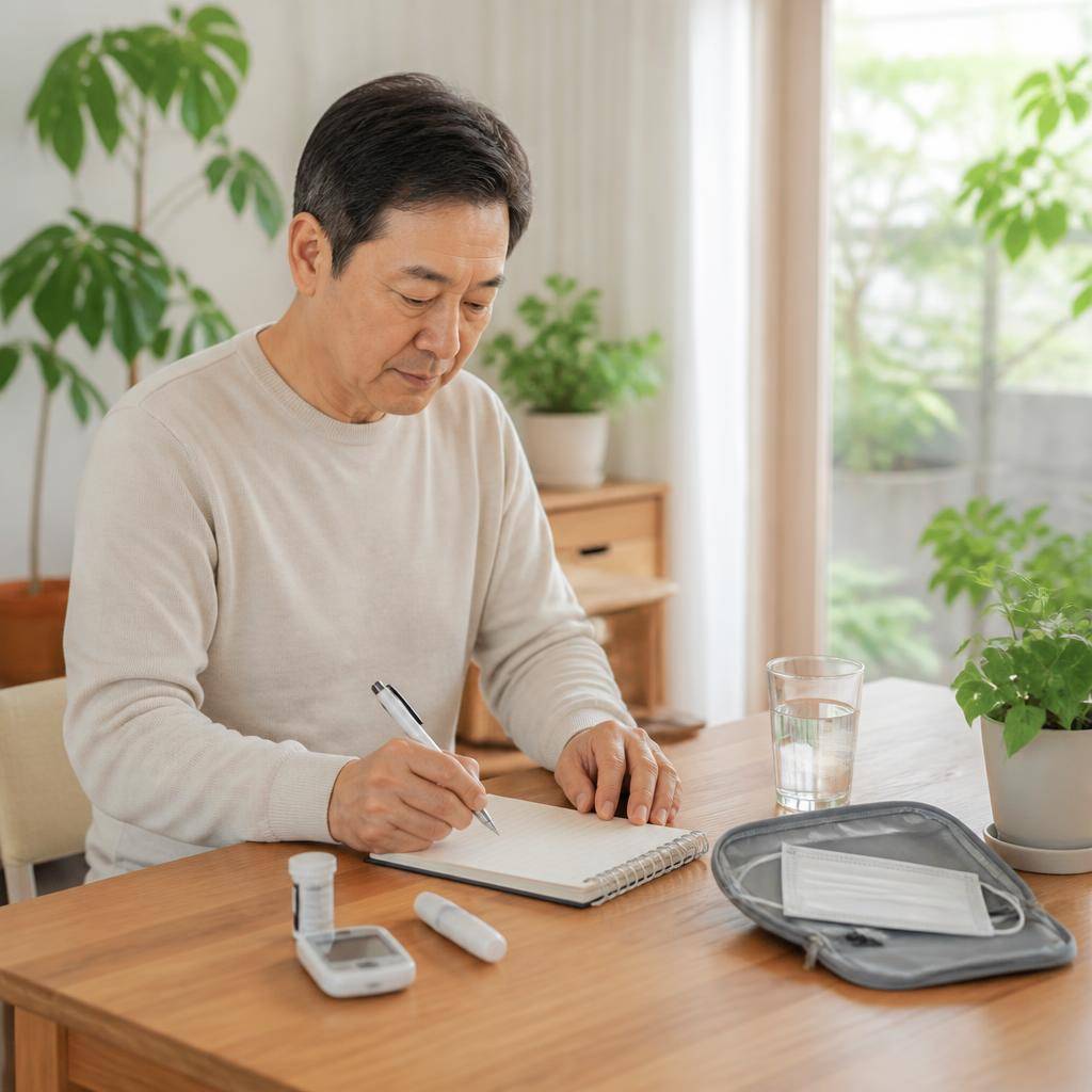 미세먼지 나쁨 날 귀가한 당뇨병 환자가 손을 씻고 보건용 마스크를 정리한 뒤 혈당 기록장에