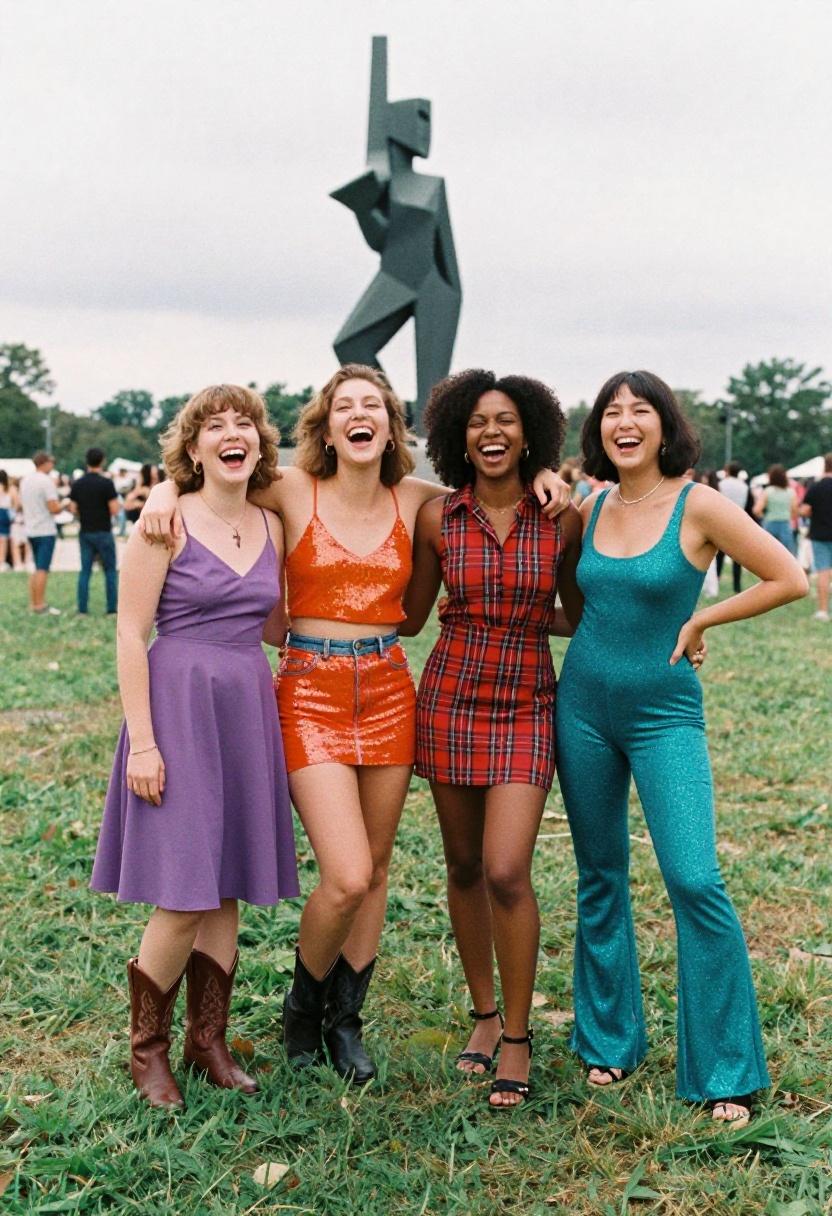 A squad of friends each wearing a different Eras Tour era look with joyful fashion energy at the festival grounds