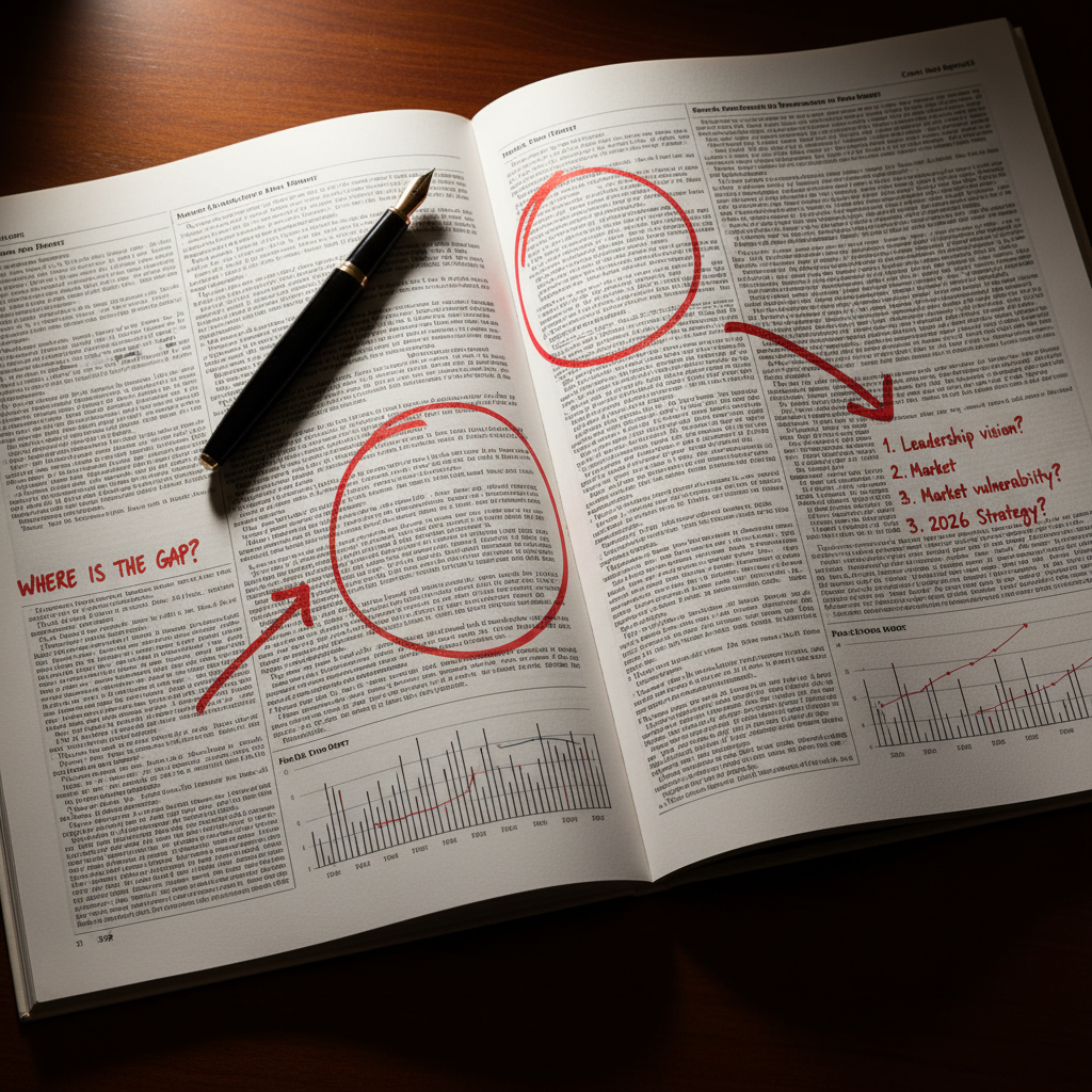 Annotated business report highlighting key gaps in leadership vision and 2026 strategy with red markings