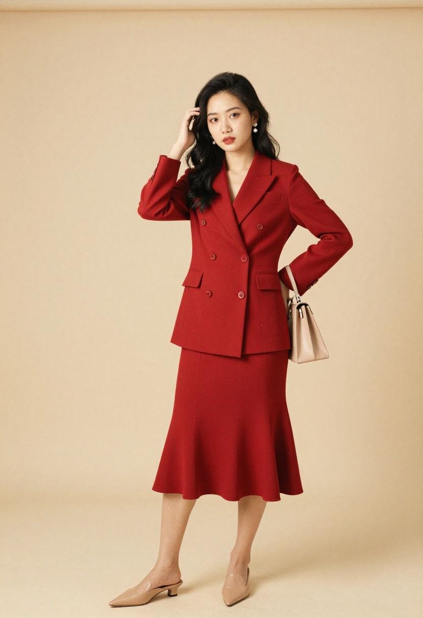 Crimson longline blazer and flared midi skirt suit power minimalist studio setting