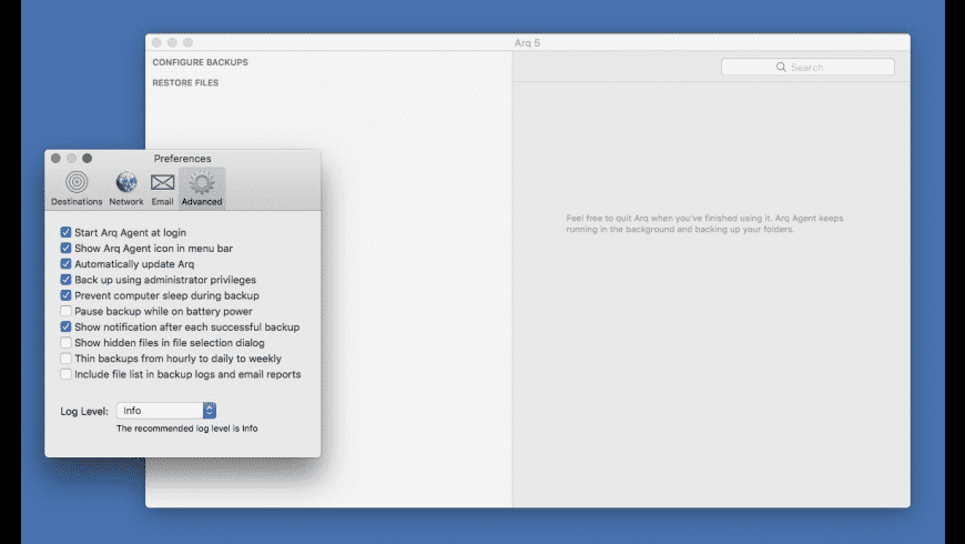 Arq Mac — backup dashboard showing destinations, schedule and restore options