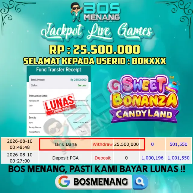 Tanggal 10 AGUSTUS 2026 - JACKPOT LIVE GAMES - Sweet Bonanza Candyland (Pragmatic Play Live)  Rp 25.500.000,-