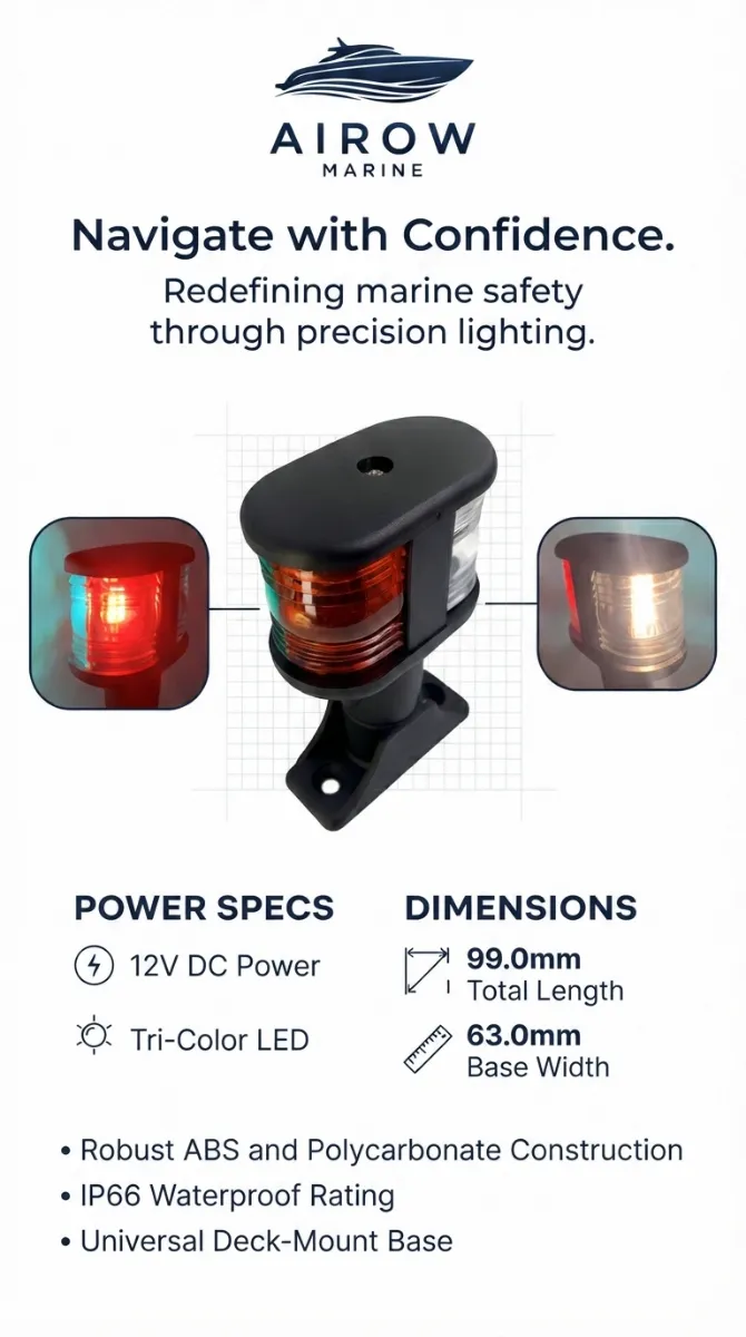 Specification diagram of the Airow Marine 12V Tri-Color LED Navigation Light showing 99.0mm total length, 63.0mm base width, IP66 rating, and ABS construction.