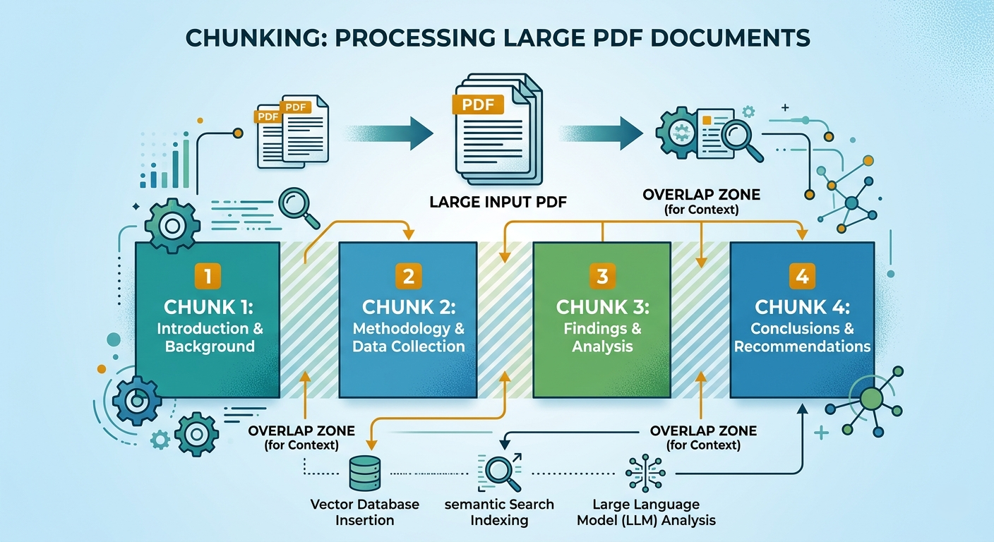 Document chunking diagram showing a large PDF split into overlapping text chunks with size and overlap parameters labeled