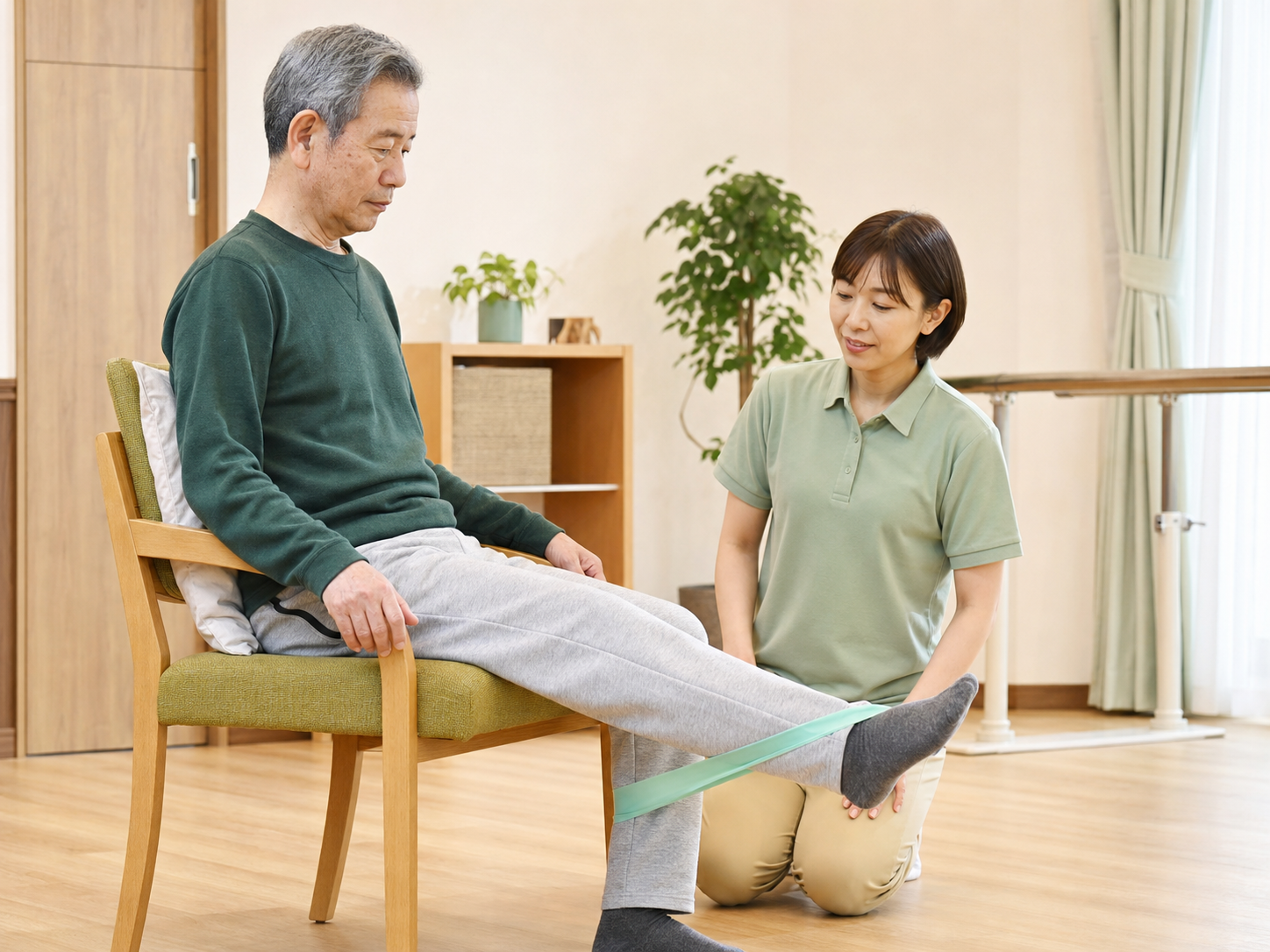 脳卒中後に椅子へ座って下肢の筋力トレーニングを行う様子
