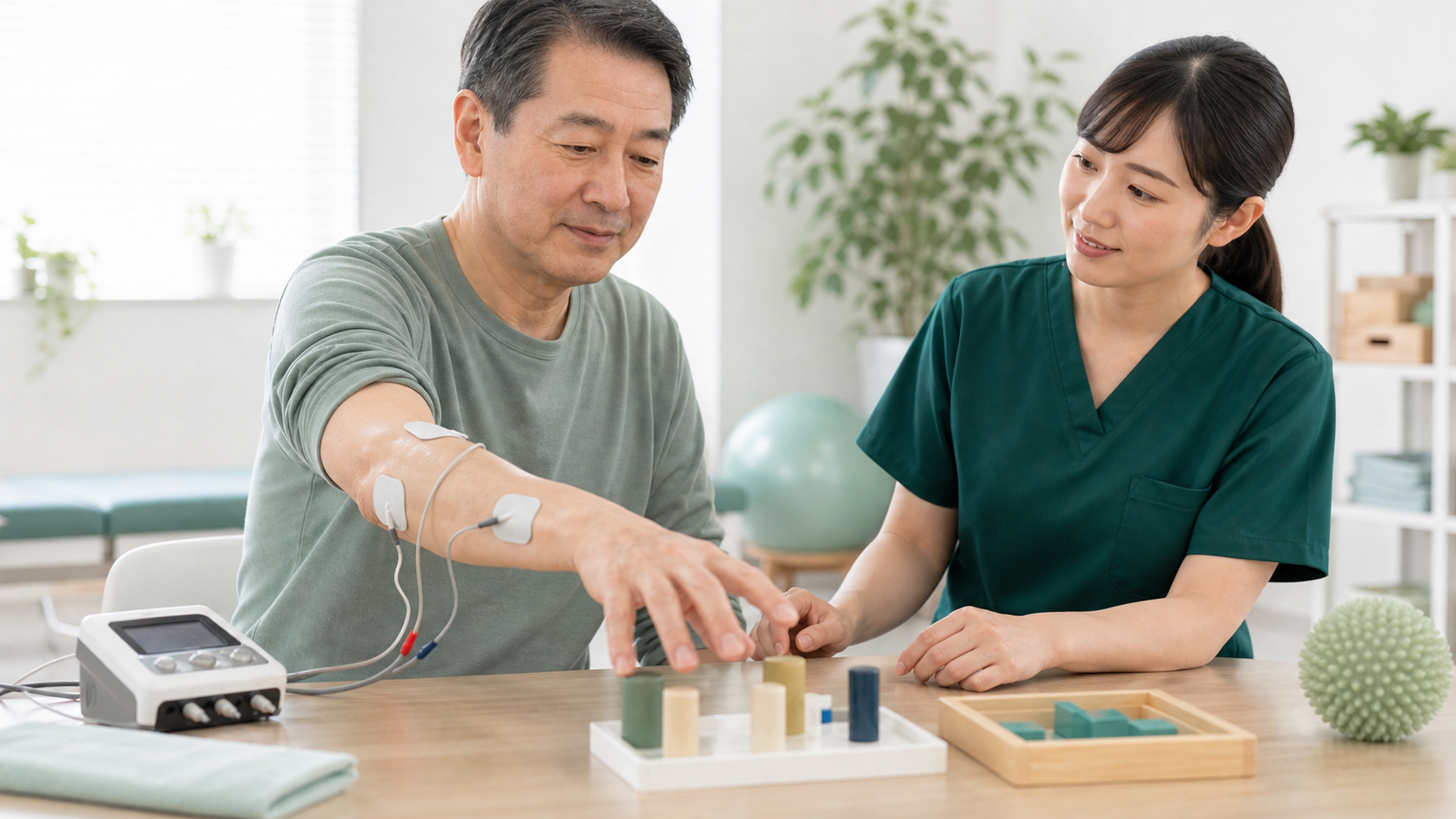 NMESと手の課題練習を組み合わせて行う様子
