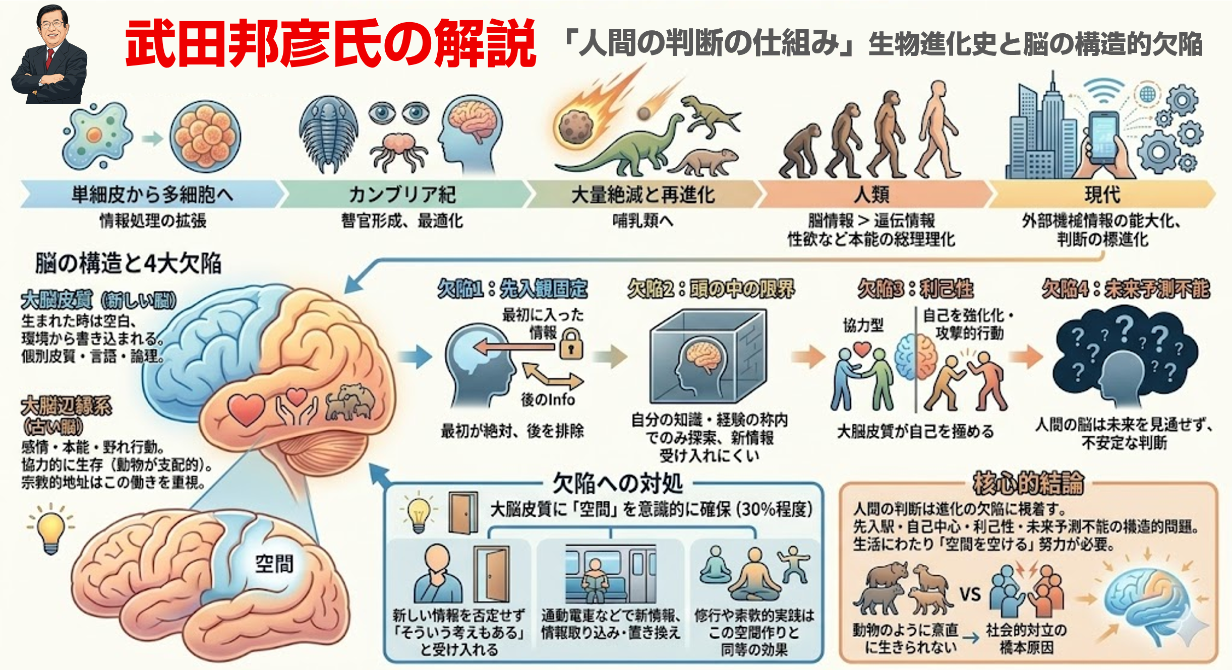武田邦彦氏が虎ノ門ニュースで展開した「人間の判断の仕組み」を、生物進化史と脳の構造的欠陥に直線的に結びつけて整理したものを網羅的に再構成した形になっています。論点を整理すると以下のようにまとめられます。