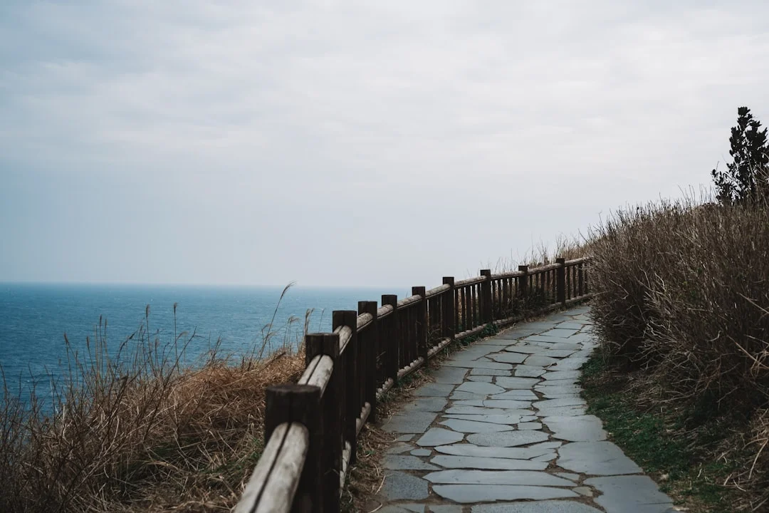Hikers climbing steep stone steps on Seongsan Ilchulbong trail with Jeju coastline visible through morning haze