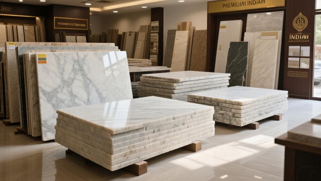 Marble and granite stone slabs at Indian construction store