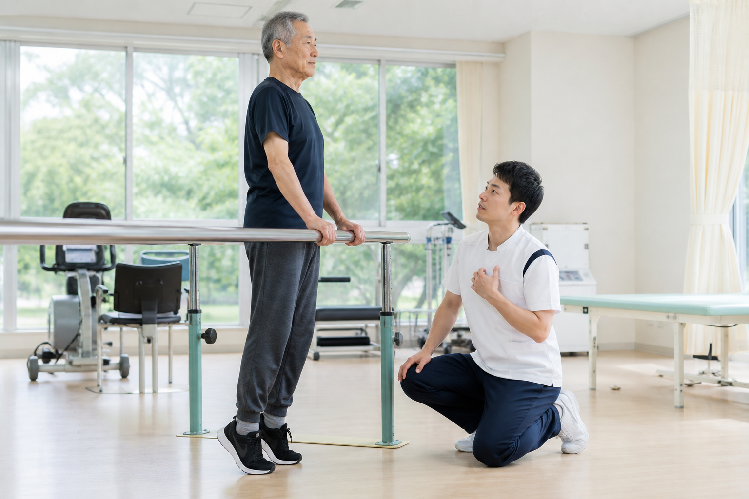 心血管疾患のある高齢者が専門職の見守りのもとで手すりを使った踵上げ運動を行う様子