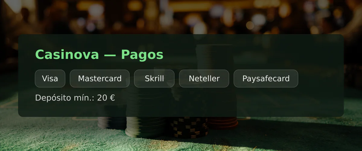 Casinova — Pagos: Visa, Mastercard, Skrill, Neteller, Paysafecard