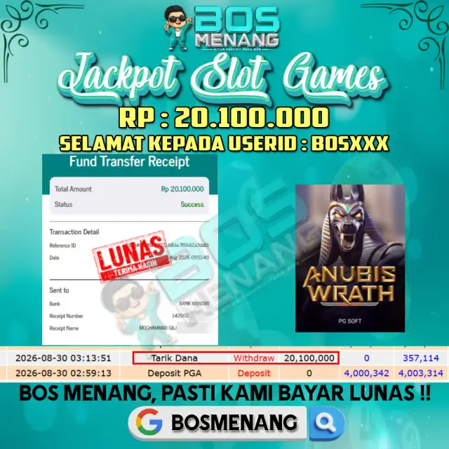 Bukti JACKPOT Tanggal 30 AGUSTUS 2026 - MENANG SLOT GAMES - Anubis Wrath (PG SOFT) Rp 20.100.000,-