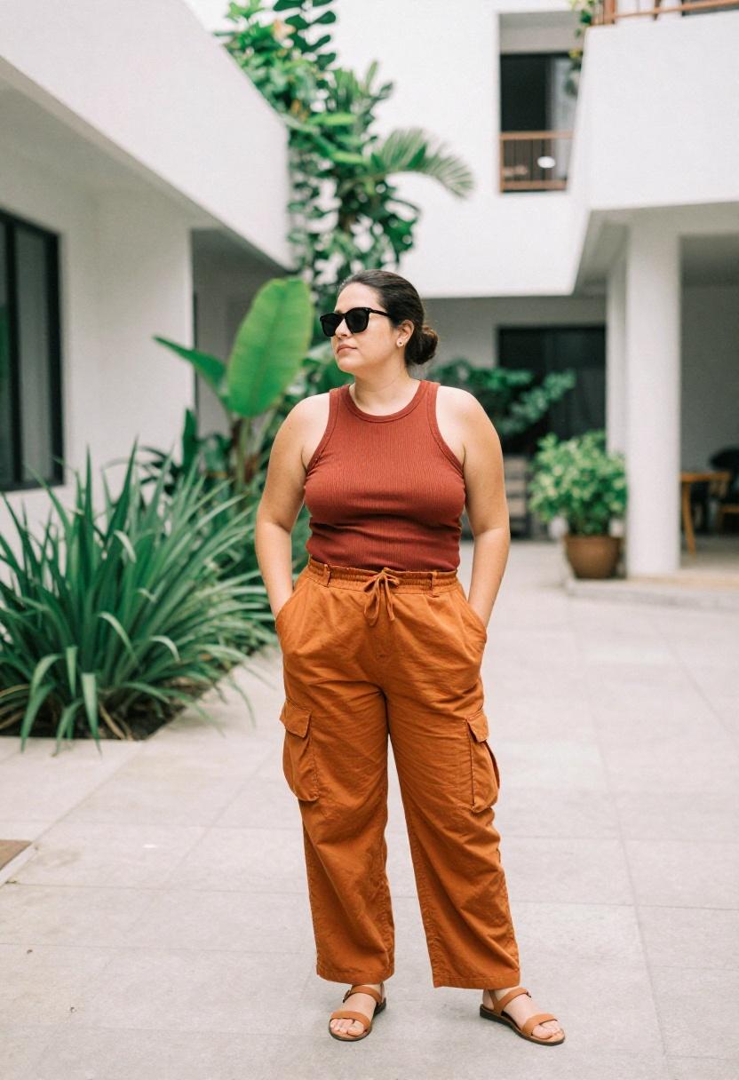 Burnt orange cargo pants with terracotta ribbed tank minimalist courtyard outfit