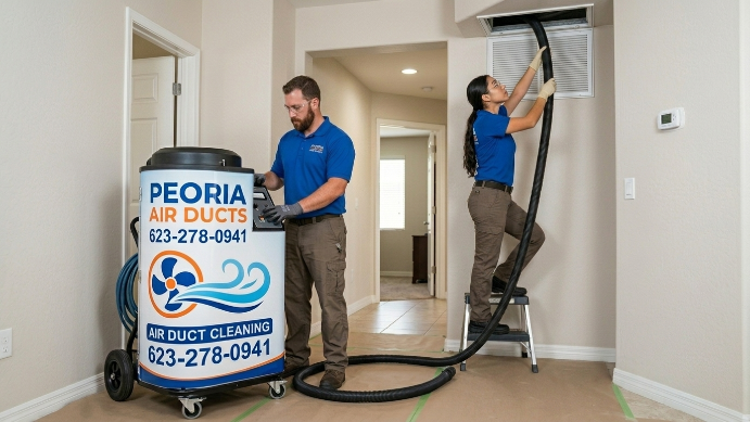 Air duct cleaning technician inspecting ductwork in Peoria Arizona