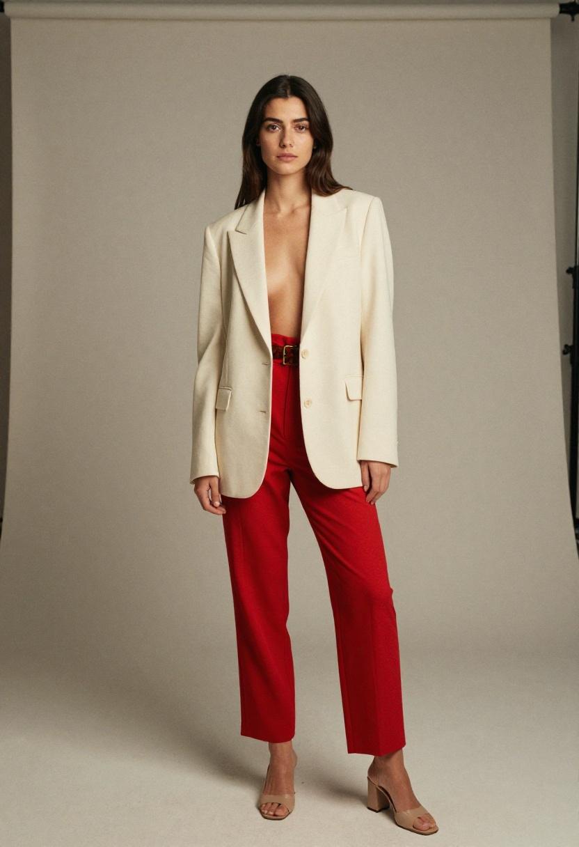 Crimson high-waisted belted trousers with cream blazer for sharp editorial office energy