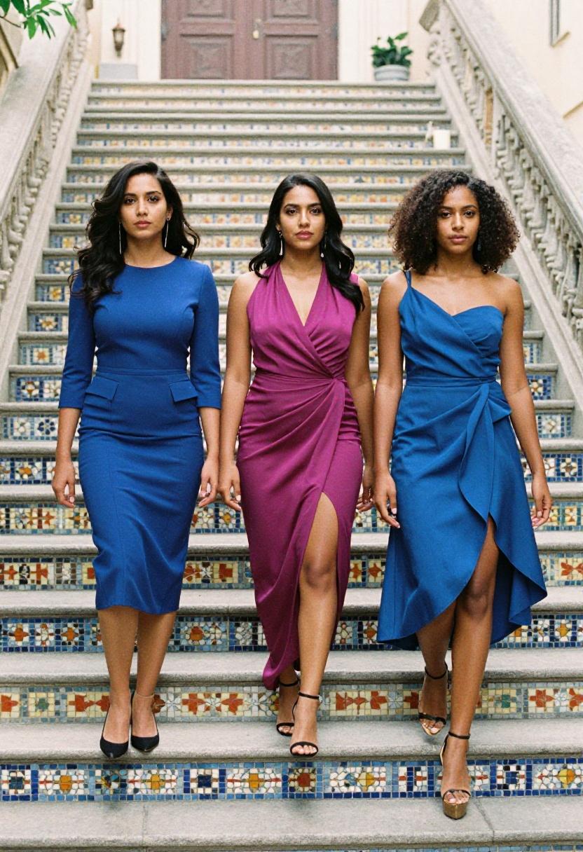 Bold jewel-toned gowns in sapphire, magenta, and cobalt on ornate staircase