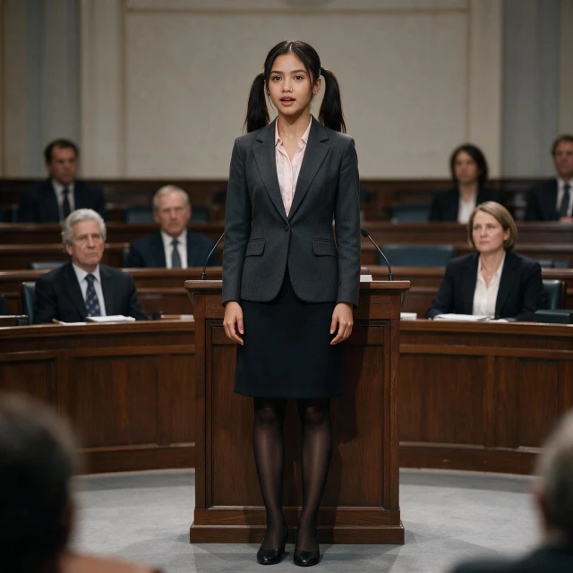A young woman with her hair styled in two neat pigtails, natural proportions, wearing a tailored blazer with a soft blouse, subtle pastel accents, a modest knee‑length skirt, formal stockings and formal shoes, shown in a medium‑wide view with full body visible standing upright giving a speech in a large formal parliament setting with a raised straight‑lined wooden structure and a few formal officials seated behind her.