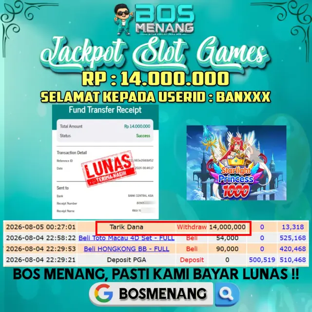 Tanggal 05 AGUSTUS 2026 - JACKPOT SLOT GAMES - Starlight Princess 1000 (Pragmatic Play) Rp 14.000.000,-