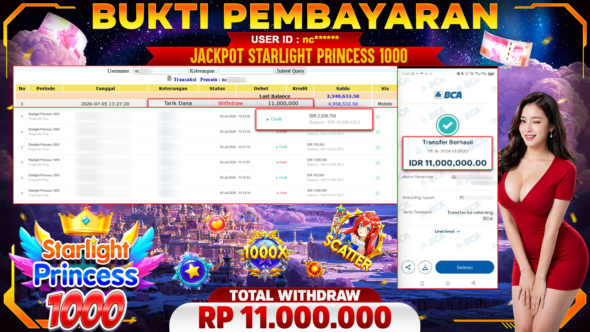 🏆 SELAMAT KEPADA PEMENANG JACKPOT DI Starlight Princess 1000 - Pragmatic Play 11,000,000🏆