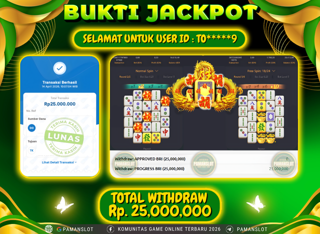 Selamat kepada Member PAMANSLOT Game Mahjong Ways - 2 : TO*****9