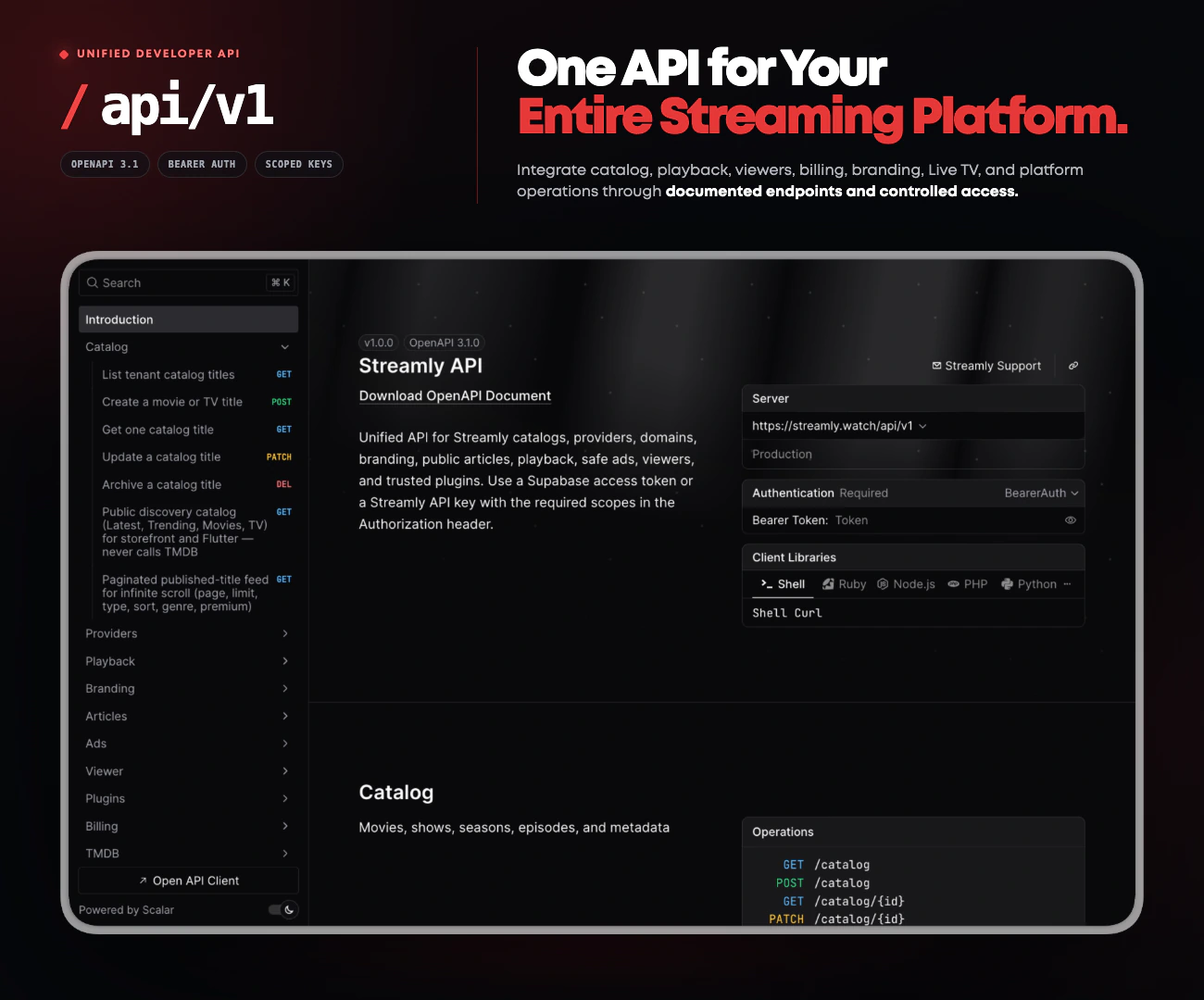 Streamly interactive OpenAPI reference with API catalog operations, production server selection, Bearer authentication, and client-library examples