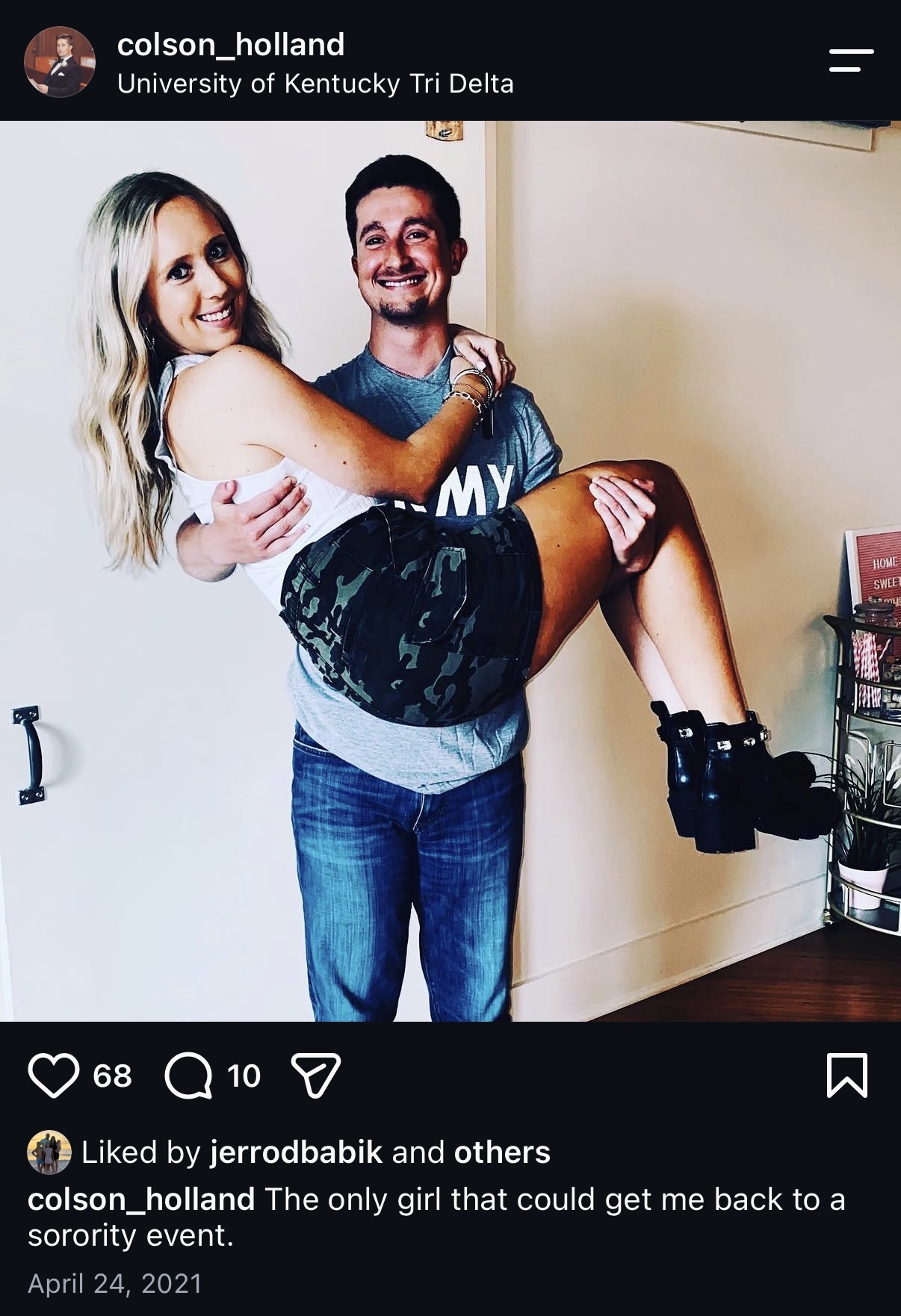 Colson carrying Olivia, University of Kentucky Tri Delta, 2021