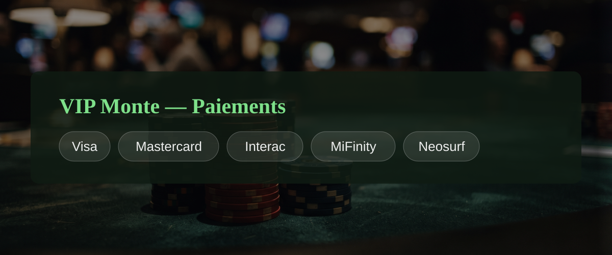 VIP Monte — Paiements: Visa, Mastercard, Interac, MiFinity, Neosurf