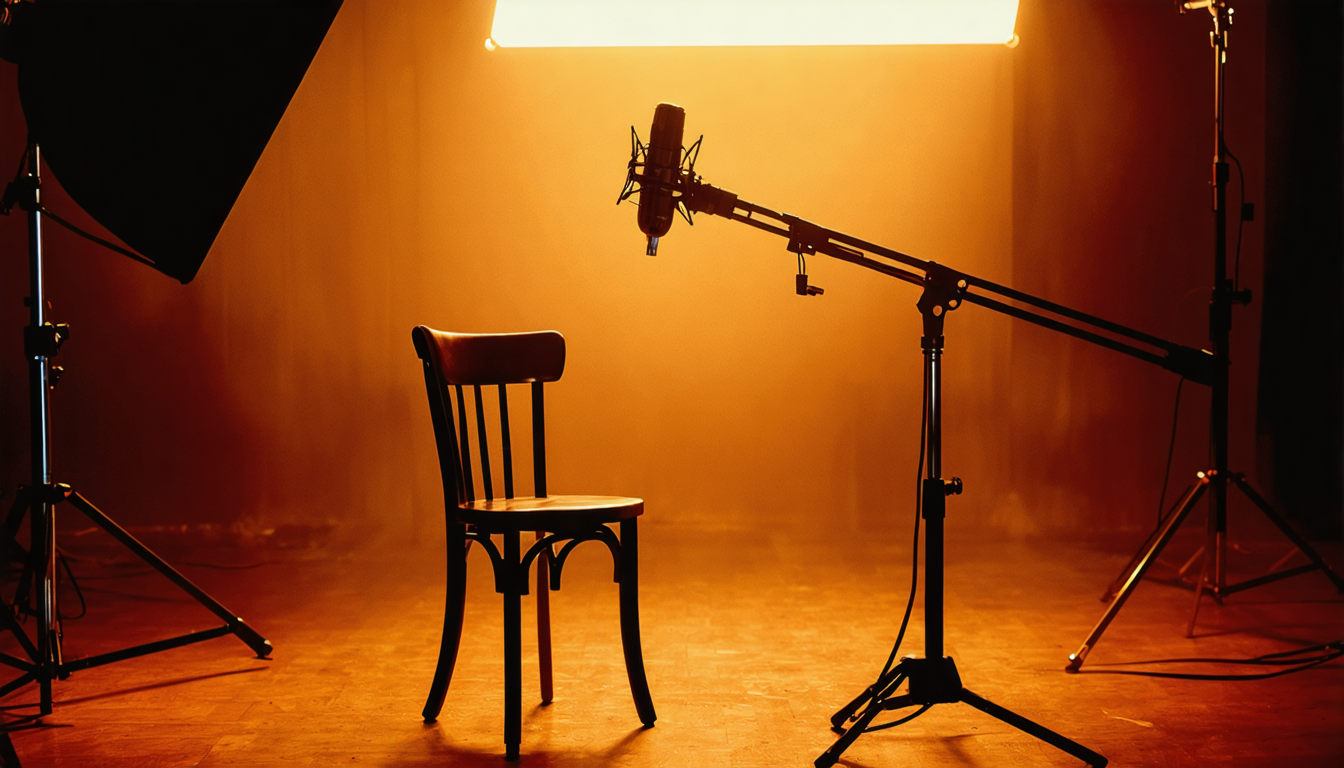 An empty wooden chair facing a microphone in a dim recording studio, no person present