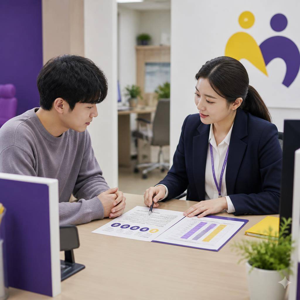 고용센터 상담 창구에서 청년 구직자가 상담사와 함께 실업급여 수급 요건과 생활비 예산표를
